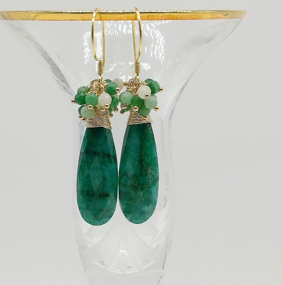 Natural Faceted Emerald Cluster Earrings - Picture 3 of 8
